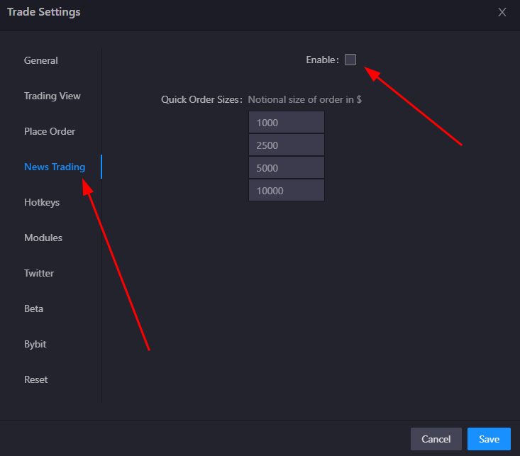 News Trading Settings