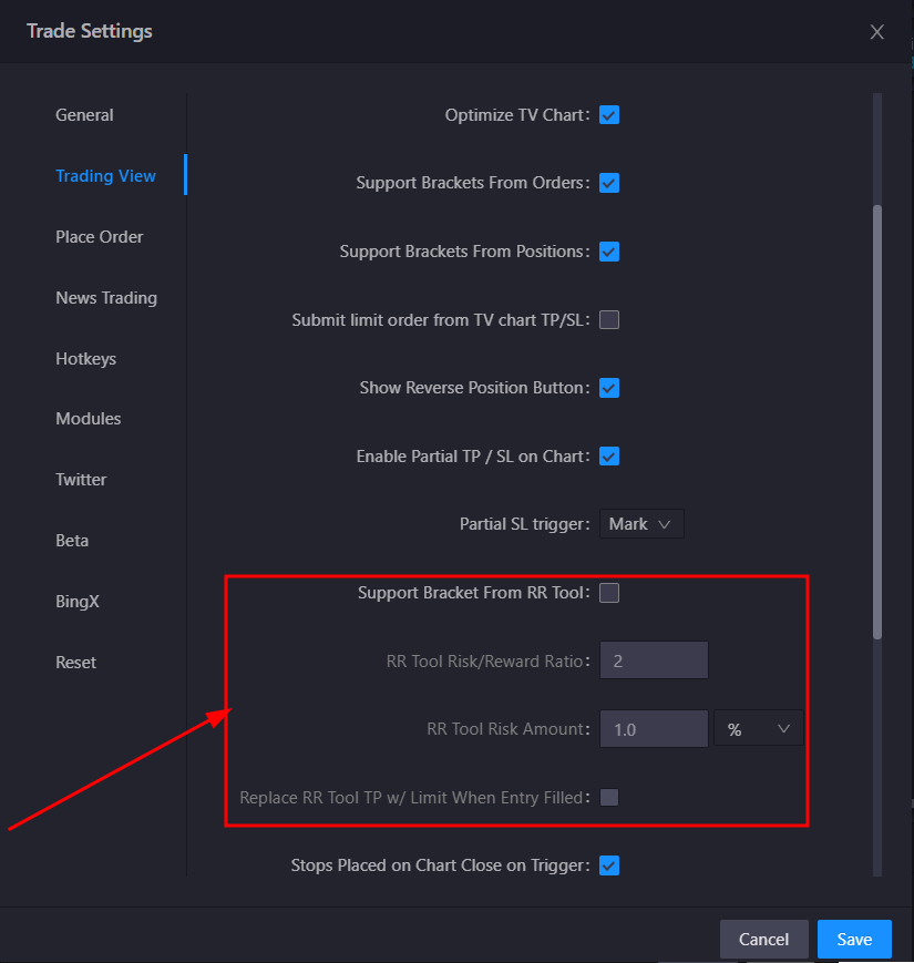 Bracket Orders Enable Settings